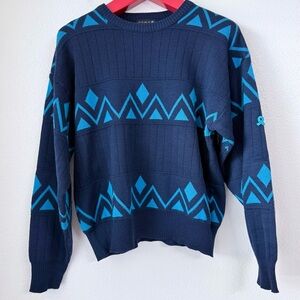 Vintage Demetre 100% Virgin Wool Geometric Ski Sweater Mens Medium Navy Blue 80s